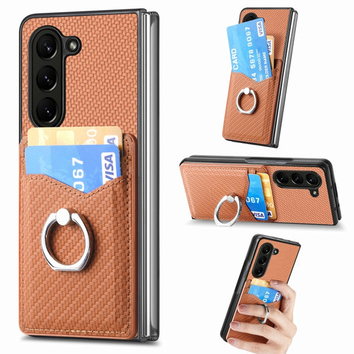 Carbon Fiber Card Wallet Ring Holder Phone Case for Samsung Galaxy Z Fold5 5G - Brown