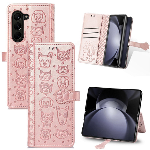 Cat and Dog Embossed Leather Phone Case for Samsung Galaxy Z Fold5 5G - Rose Gold