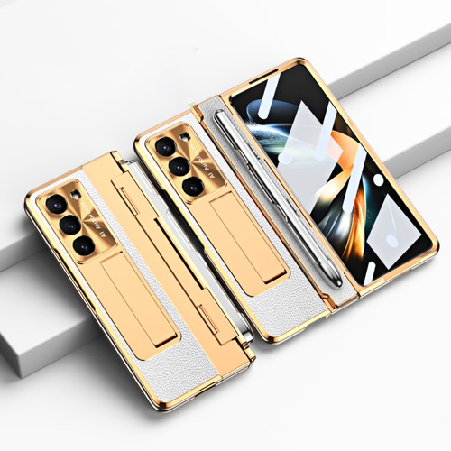 Integrated Full Coverage Pen Slot Folding Phone Case with Stylus for Samsung Galaxy Z Fold5 5G - Gold+White