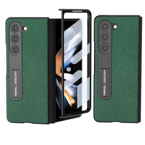 ABEEL Integrated Cross Texture Genuine Leather Phone Case with Holder for Samsung Galaxy Z Fold5 5G - Green