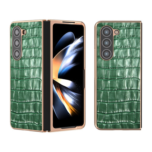 Crocodile Texture Genuine Leather Electroplating Phone Case for Samsung Galaxy Z Fold5 5G - Dark Green