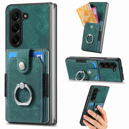 Retro Skin-feel Ring Multi-card Wallet Phone Case for Samsung Galaxy Z Fold5 5G - Green