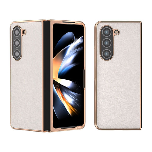 Waves Series Nano Electroplating Genuine Leather Phone Case for Samsung Galaxy Z Fold5 5G - Grey