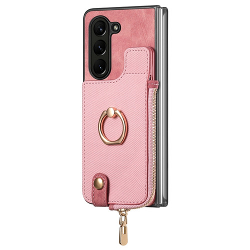 Retro Zipper Wallet Ring Leather Phone Case for Samsung Galaxy Z Fold5 5G - pink