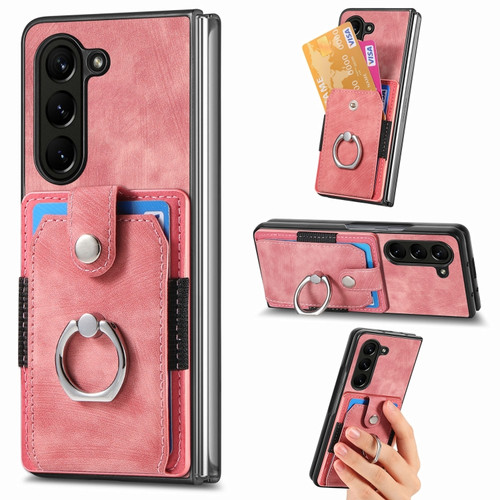 Retro Skin-feel Ring Multi-card Wallet Phone Case for Samsung Galaxy Z Fold5 5G - Pink