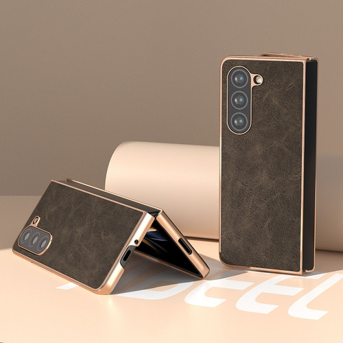 Nano Plating Dream Litchi Texture PU Phone Case for Samsung Galaxy Z Fold5 5G - Khaki