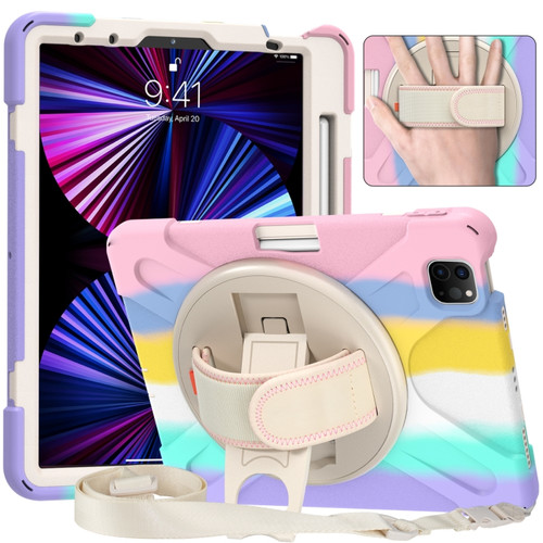 Silicone + PC Protective Tablet Case with Holder & Shoulder Strap for iPad Pro 11 - Colorful Pink