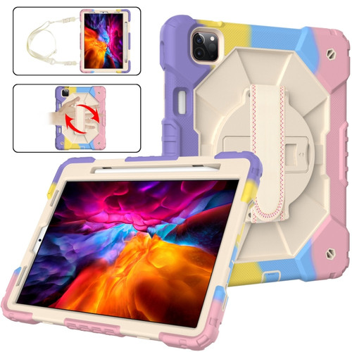 Contrast Color Robot Shockproof Silicone PC Tablet Case with Holder & Shoulder Strap for iPad Pro 11 - Colorful Purple Beige