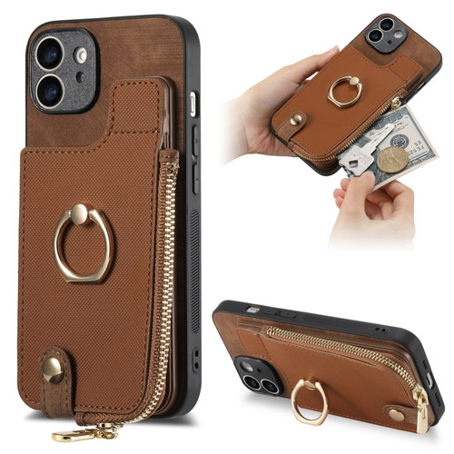 Cross Leather Ring Vertical Zipper Wallet Back Phone Case for iPhone 12 - Brown