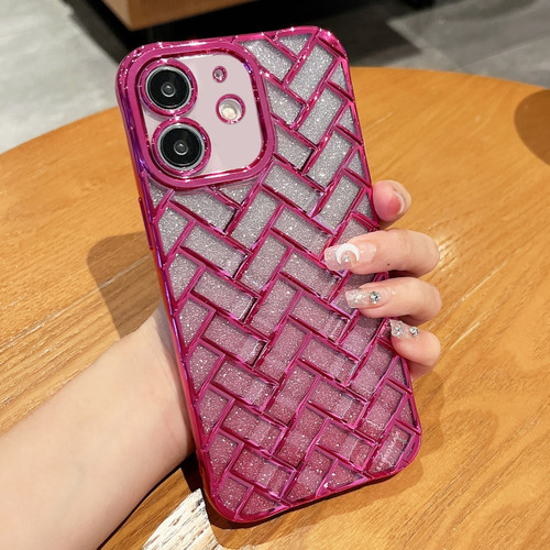 Woven Grid 3D Electroplating Laser Engraving Glitter Paper Phone Case for iPhone 12 - Rose Red