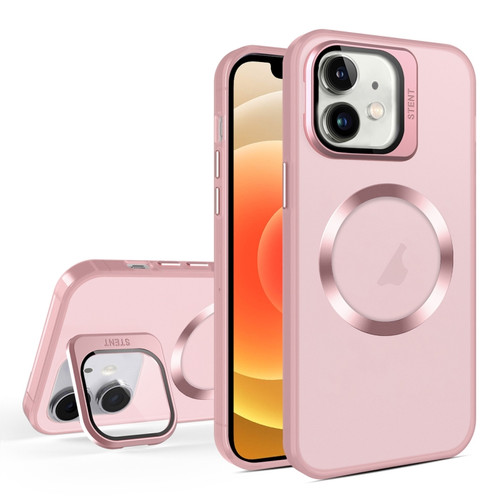 Skin Feel CD Texture MagSafe Lens Holder Phone Case for iPhone 12 - Pink