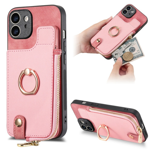 Cross Leather Ring Vertical Zipper Wallet Back Phone Case for iPhone 12 - Pink