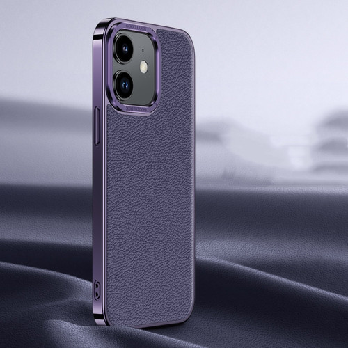 Litchi Texture Genuine Leather Phone Case for iPhone 12 - Purple