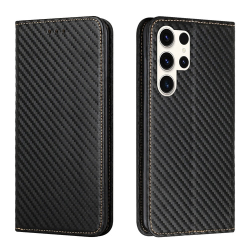 Carbon Fiber Texture Flip Holder Leather Phone Case for Samsung Galaxy S24 Ultra 5G - Black