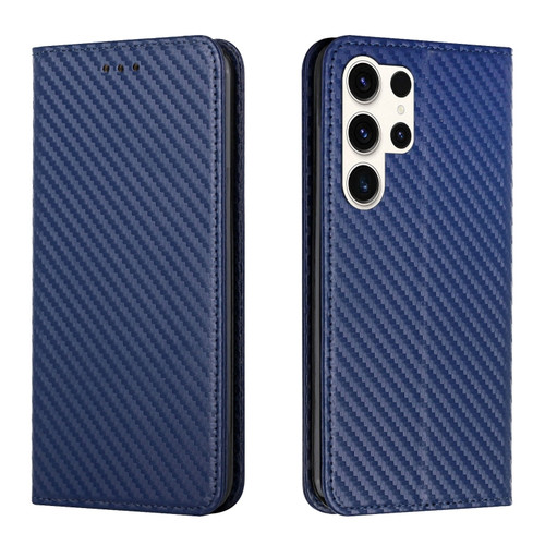 Carbon Fiber Texture Flip Holder Leather Phone Case for Samsung Galaxy S24 Ultra 5G - Blue