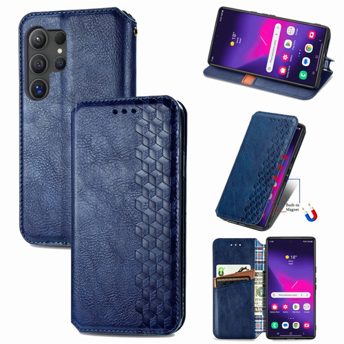 Cubic Grid Pressed Magnetic Leather Phone Case for Samsung Galaxy S24 Ultra 5G - Blue