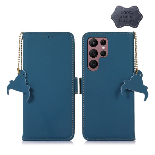 Genuine Leather Magnetic RFID Leather Phone Case for Samsung Galaxy S24 Ultra 5G - Blue