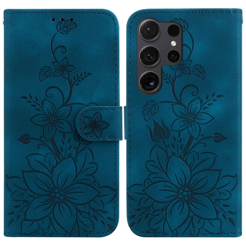 Lily Embossed Leather Phone Case for Samsung Galaxy S24 Ultra 5G - Dark Blue