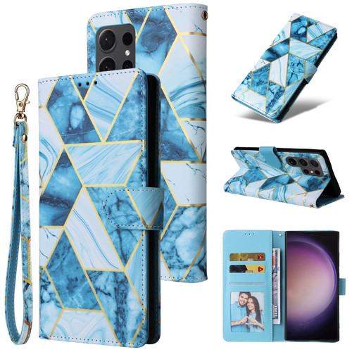 Marble Bronzing Stitching Leather Phone Case for Samsung Galaxy S24 Ultra 5G - Blue