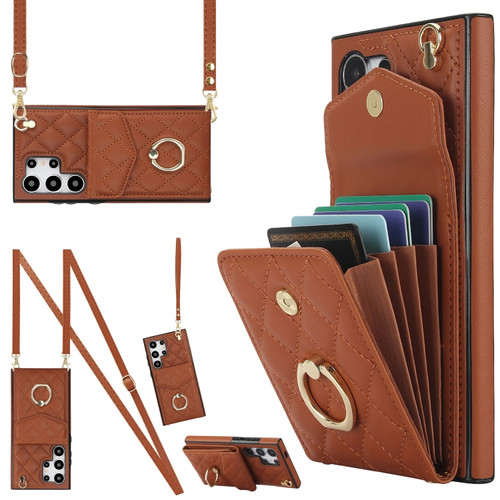 Rhombic Texture Card Bag Phone Case with Long Lanyard for Samsung Galaxy S24 Ultra 5G - Brown