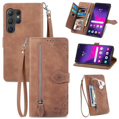 Embossed Flower Zipper Leather Phone Case for Samsung Galaxy S24 Ultra 5G - Brown