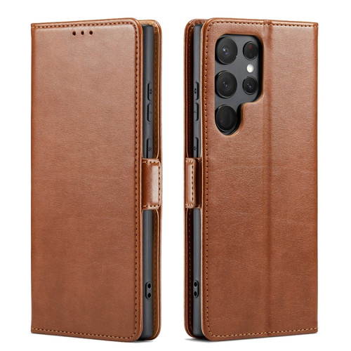 Fierre Shann PU Genuine Leather Texture Phone Case for Samsung Galaxy S24 Ultra 5G - Brown