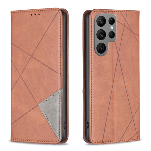 Rhombus Texture Magnetic Leather Phone Case for Samsung Galaxy S24 Ultra 5G - Brown