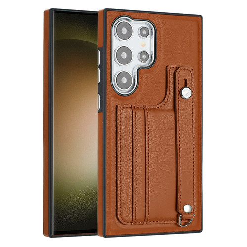 Shockproof Leather Phone Case with Wrist Strap for Samsung Galaxy S24 Ultra 5G - Brown