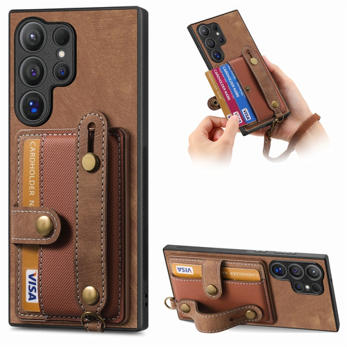 Retro Cross Wristband Wallet Leather Back Phone Case for Samsung Galaxy S24 Ultra 5G - Brown