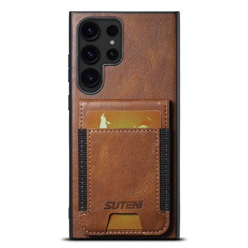 Suteni H03 Oil Wax Leather Wallet Stand Back Phone Case for Samsung Galaxy S24 Ultra 5G - Brown