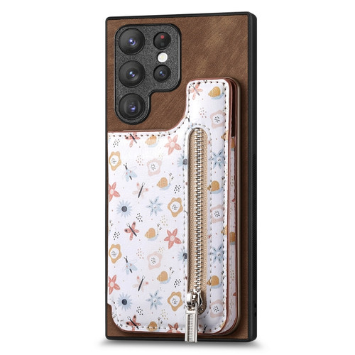 Retro Painted Zipper Wallet Back Phone Case for Samsung Galaxy S24 Ultra 5G - Brown