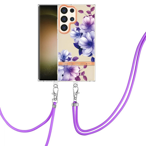 Flowers and Plants Series IMD TPU Phone Case with Lanyard for Samsung Galaxy S24 Ultra 5G - Purple Begonia