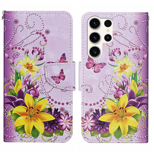 Colored Drawing Pattern Leather Phone Case for Samsung Galaxy S24 Ultra 5G - Yellow Flower Butterfly