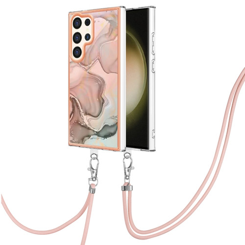 Electroplating Marble Dual-side IMD Phone Case with Lanyard for Samsung Galaxy S24 Ultra 5G - Rose Gold 015