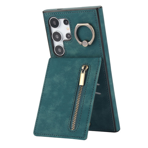 Retro Ring and Zipper RFID Card Slot Phone Case for Samsung Galaxy S24 Ultra 5G - Green