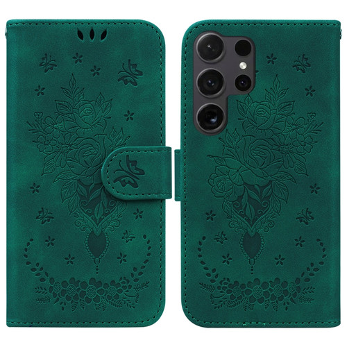 Butterfly Rose Embossed Leather Phone Case for Samsung Galaxy S24 Ultra 5G - Green