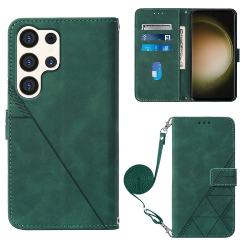 Crossbody 3D Embossed Flip Leather Phone Case for Samsung Galaxy S24 Ultra 5G - Dark Green