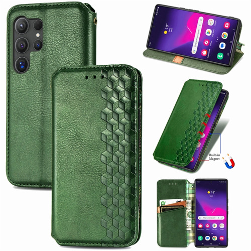 Cubic Grid Pressed Magnetic Leather Phone Case for Samsung Galaxy S24 Ultra 5G - Green