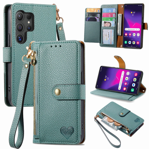 Love Zipper Lanyard Leather Phone Case for Samsung Galaxy S24 Ultra 5G - Green