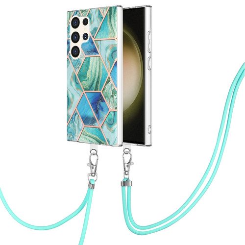 Electroplating IMD Splicing Dual-side Marble TPU Phone Case with Lanyard for Samsung Galaxy S24 Ultra 5G - Green