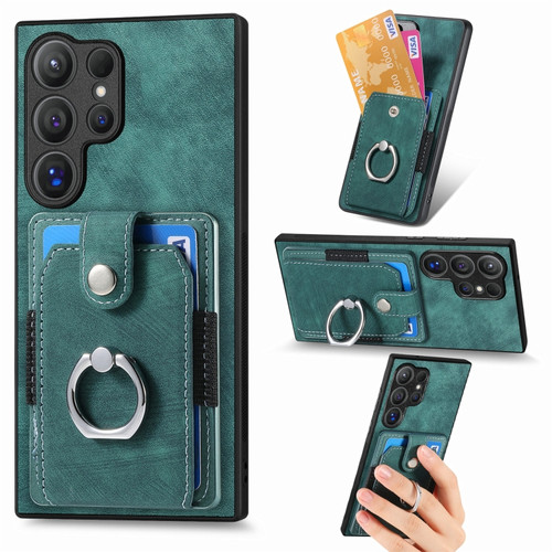 Retro Skin-feel Ring Card Wallet Phone Case for Samsung Galaxy S24 Ultra 5G - Green