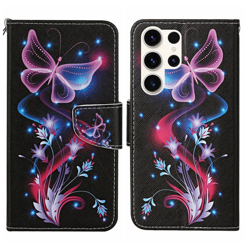 Colored Drawing Pattern Leather Phone Case for Samsung Galaxy S24 Ultra 5G - Fluorescent Butterfly