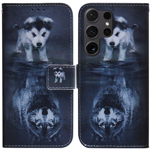 Coloured Drawing Flip Leather Phone Case for Samsung Galaxy S24 Ultra 5G - Wolf and Dog