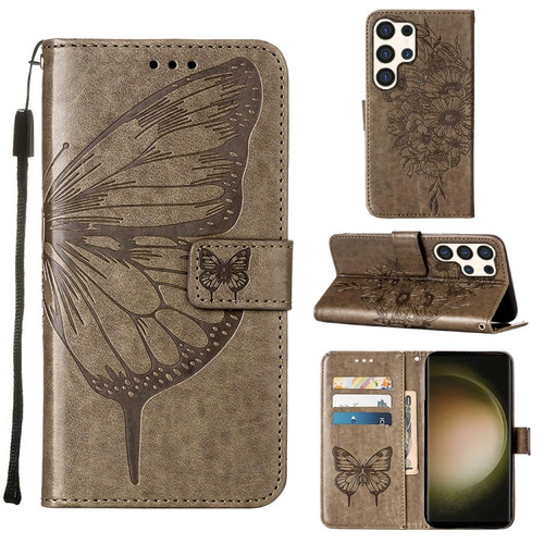 Embossed Butterfly Leather Phone Case for Samsung Galaxy S24 Ultra 5G - Grey