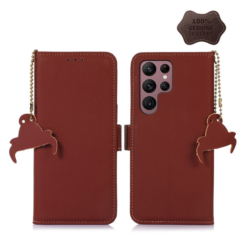 Genuine Leather Magnetic RFID Leather Phone Case for Samsung Galaxy S24 Ultra 5G - Coffee