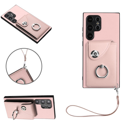 Organ Card Bag Ring Holder PU Phone Case with Lanyard for Samsung Galaxy S24 Ultra 5G - Pink