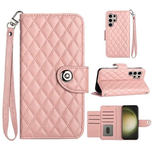 Rhombic Texture Flip Leather Phone Case with Lanyard for Samsung Galaxy S24 Ultra 5G - Coral Pink