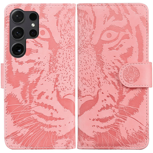Tiger Embossing Pattern Flip Leather Phone Case for Samsung Galaxy S24 Ultra 5G - Pink