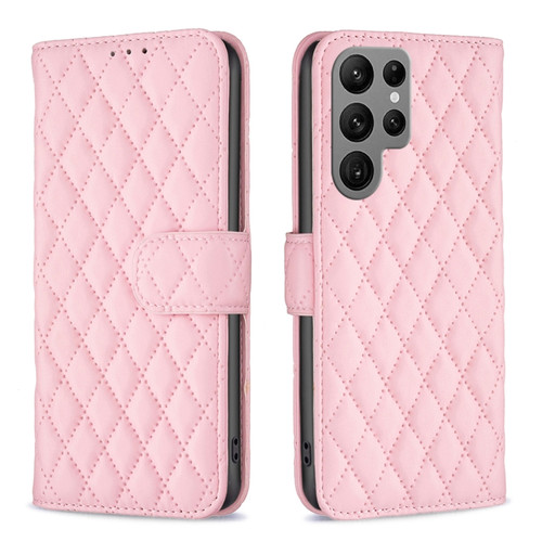 Diamond Lattice Wallet Flip Leather Phone Case for Samsung Galaxy S24 Ultra 5G - Pink