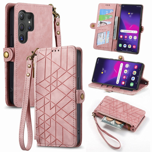 Geometric Zipper Wallet Side Buckle Leather Phone Case for Samsung Galaxy S24 Ultra 5G - Pink